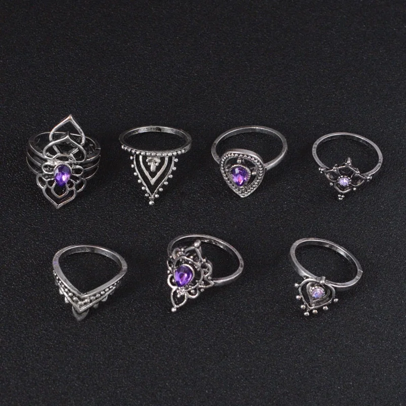 7 шт./компл. Модные женские панковские винтажные кольца с голубым драгоценным