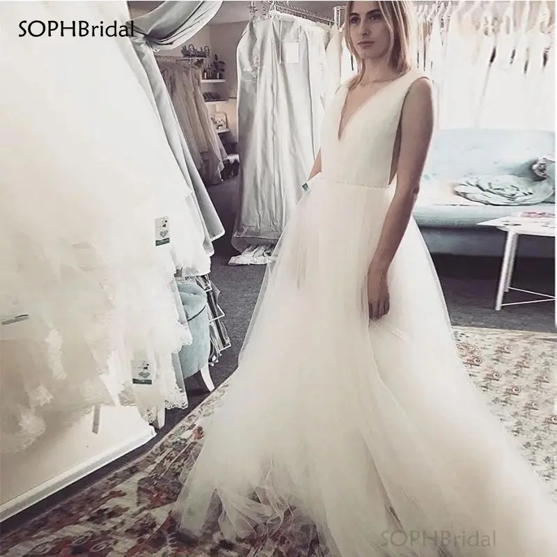 

New Arrival Sheer Neck Wedding Dresses Backless White Tulle Beading Sash Wedding Gowns Formal Bridal Dresses Robe De Mariee