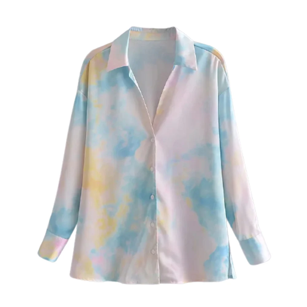 

XEASY 2021 New Summer Women Vintage Satin Tie Dye Oversize Shirt Female Streetwears Casual Single-Breasted Shirt Chic Top