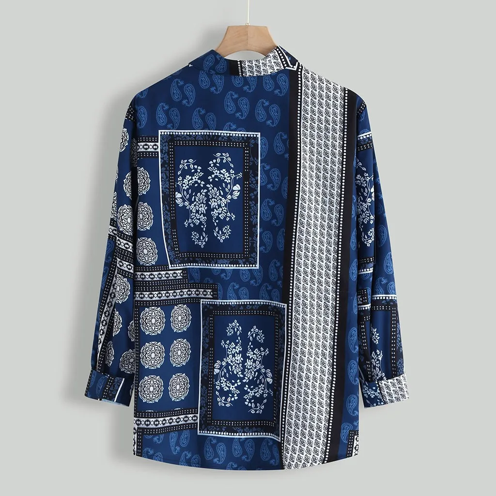 Рубашка Feitong мужская с принтом винтажная блуза длинным рукавом отложным