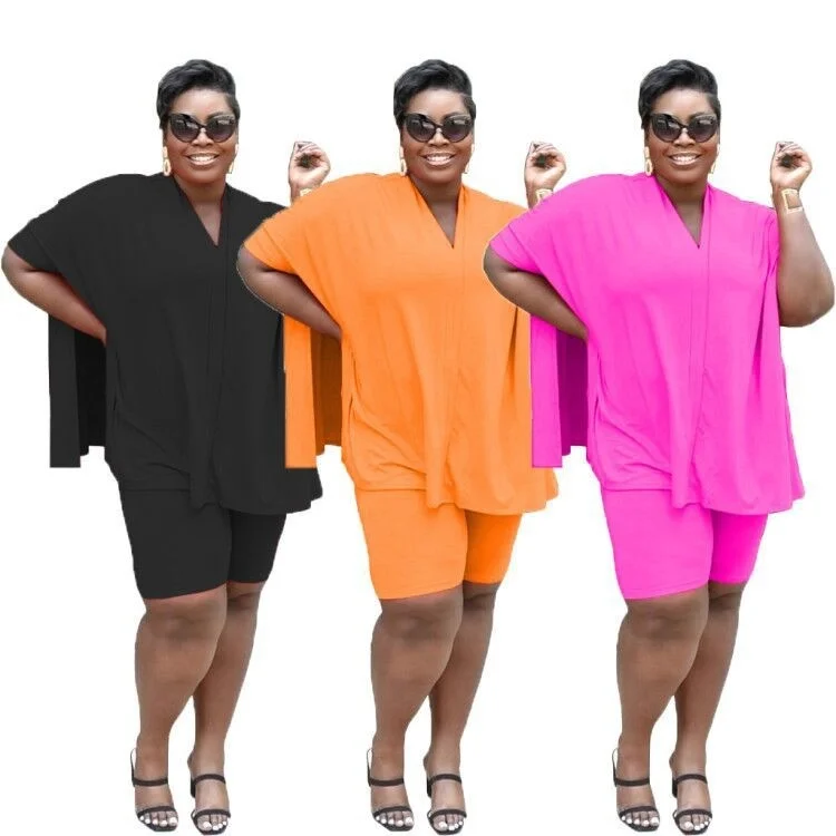 

Women 2 Piece Set Outfits Sexy Loose Short Suit Split Women's Sets V Neck Batwing Sleeve Crop Top With Tight Shorts Set