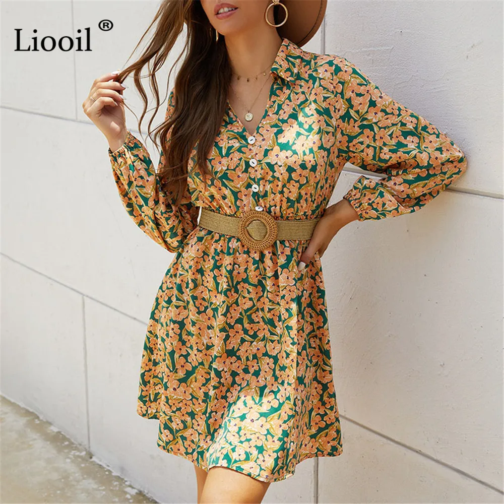 

Liooil Floral Print Short Vacation Dress Turn Down Collar Long Sleeve Elegant Dresses For Women Ladies Casual Fall Winter Dress