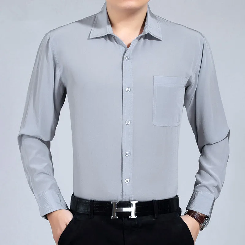 AYUNSUE200% Silk Summer Men Shirt White Black Long Sleeve Formal Mens Dress Shirts Plus Size Camisa Hombre 3400 KJ2945 | Мужская одежда