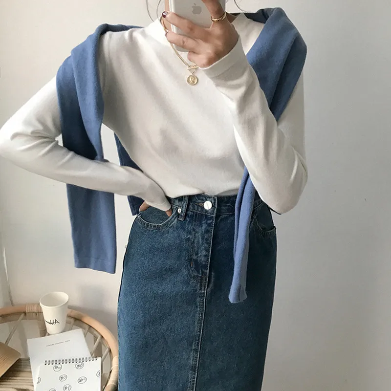 6 цветов Осенние однотонные вязаные топы в Корейском стиле базовая футболка с длинным рукавом женские