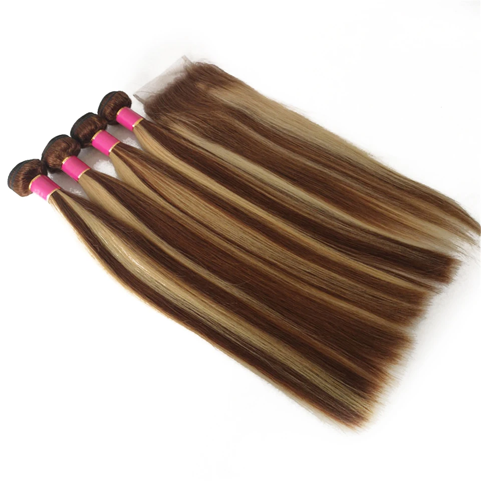 

Cheap Highlight P4/27 bundles with closure Straight 3 Bundles with closure Brazilian Hair weave Bundles with 4X4 Lace closure