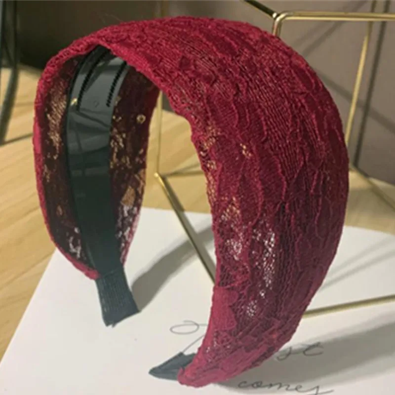 

Wine Red Lace Hairband Toothed for Women Hair Accessories Solid Wide Head Band Face Washing Adults Headbands Plain Women Hoop