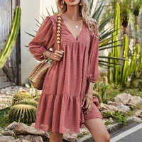 summer boho chiffon ruffle patchwork solid color women dress v neck lantern long sleeve casual streetwear beach dresses