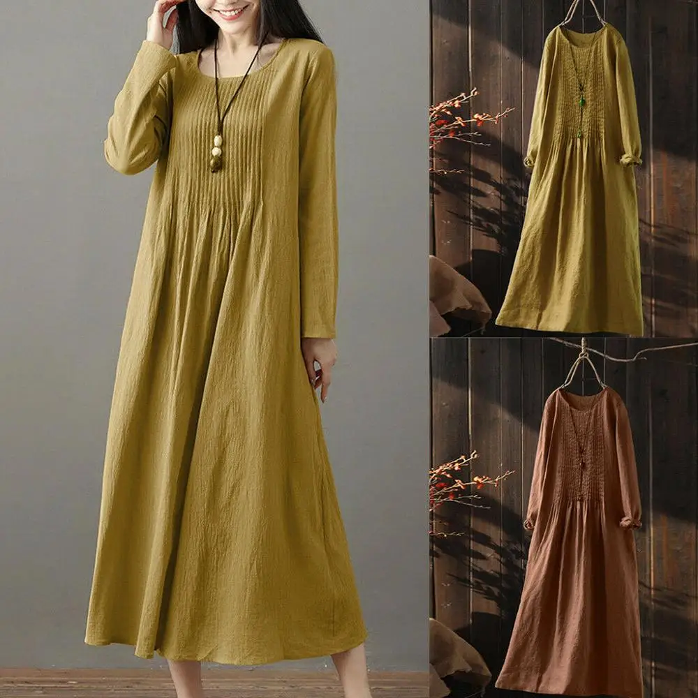 

Women Linen Pleated Solid Color Loose Long Sleeve O-neck Vintage Maxi Dress