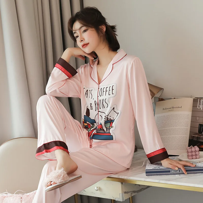 

Cute Women Pajamas Set Sleepwear Satin 2PCS Shirt&Pants Soft Nightwear Casual Sleep Suit Home Clothes Silky Pyjamas Nightgown