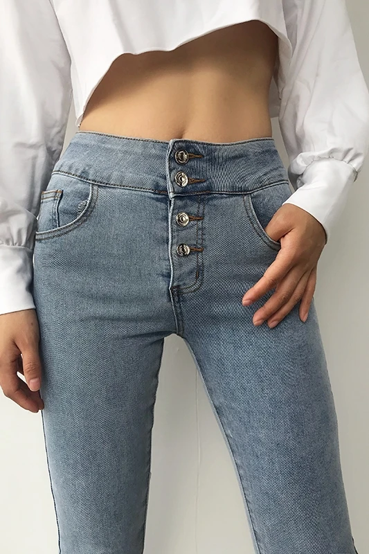 

TVVOVVIN New High Waist Four-breasted Slim Stretch Jeans Hip Sexy Tight Feet Pencil Pants Trousers Jeans Denim LVK2