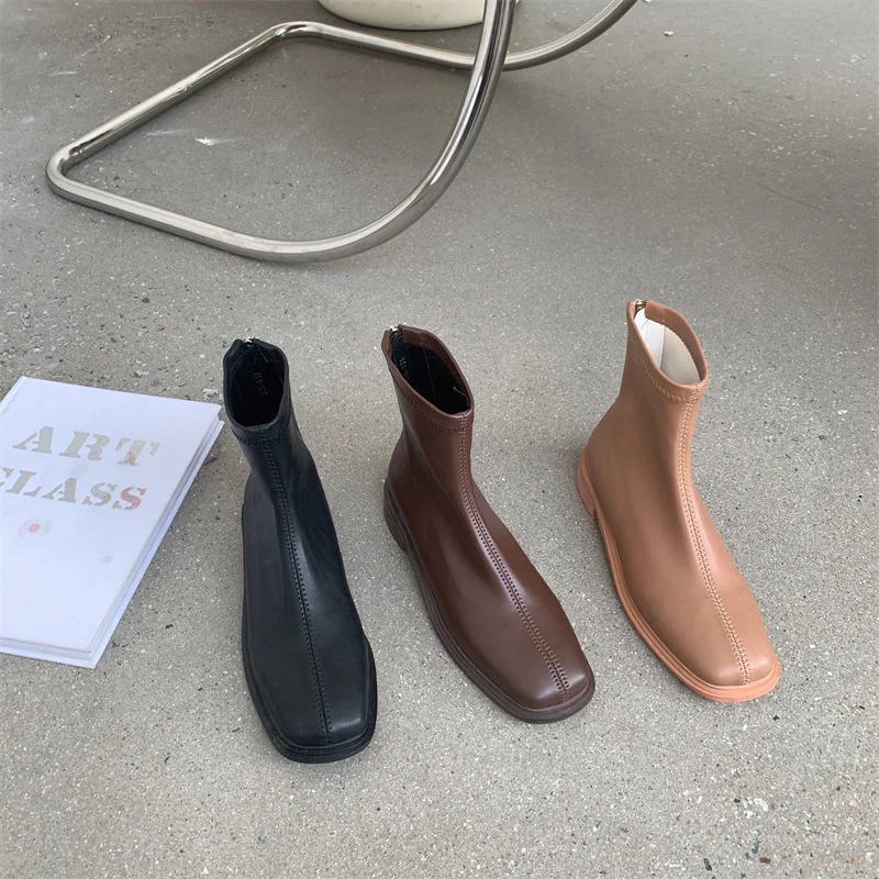 

Shoes Chelsea Zipper Med Heel Boots Boots-Women 2021 Ladies Rock Autumn Ankle Rubber Sewing Basic Solid Fabric Square Toe Microf