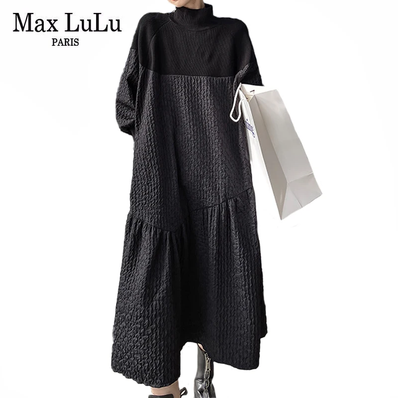 

Max LuLu Womens Loose Knitted Long Vestidos 2021 Winter Korean Style Ladies Turtleneck Design Black Dresses Vintage Casual Dress