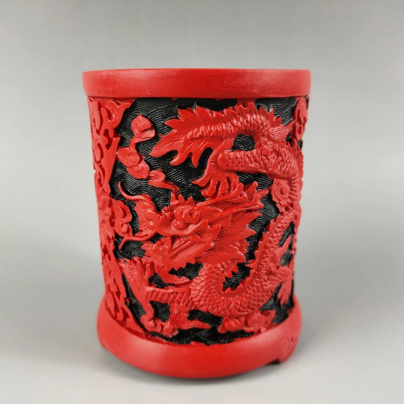 Exquisite Interesting Chinese Classical Traditional Craft Collection Home Decoration Gift Red Lacquerware Dragon Pen Holder