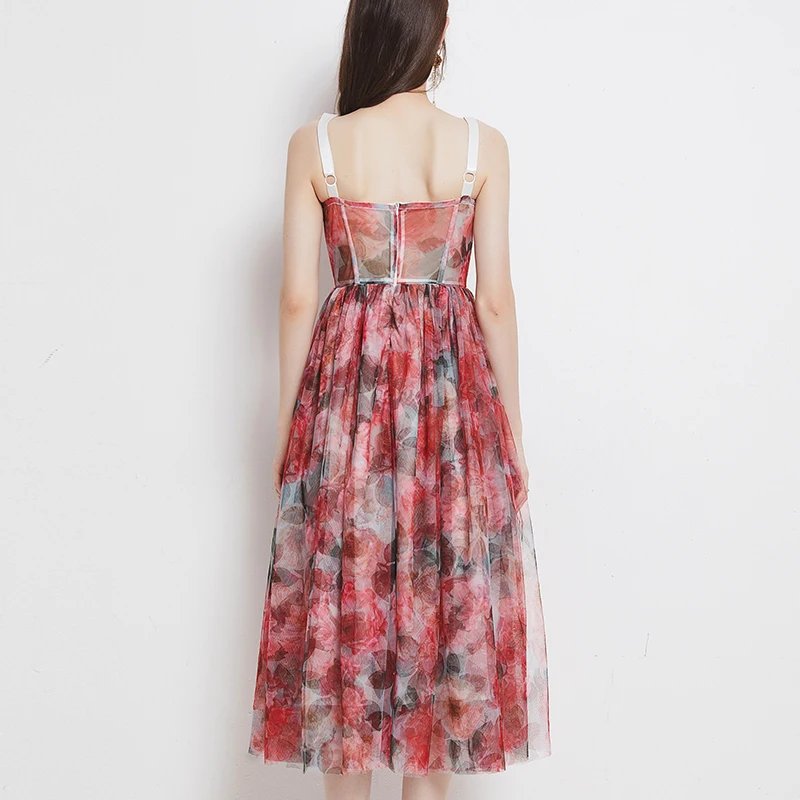 

2021 Hot Designer Floral A Line Vintage Elegant Party Night Dress Strap Summer Sexy Goblincore Midi Dress Elbise Robes S7378