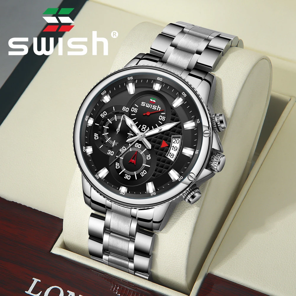 SWISH серебряные кварцевые часы из нержавеющей стали роскошные мужские Бизнес