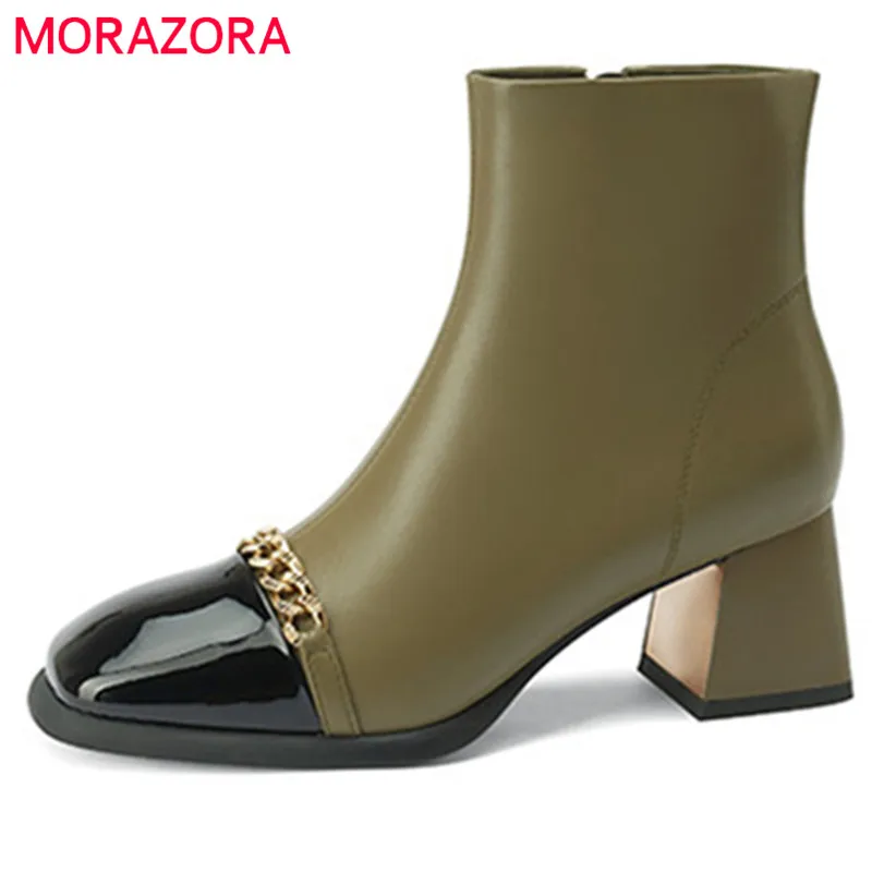 

MORAZORA 2022 New Arrive Genuine Leather Shoes Women Ankle Boots Mixed Colors Chain Square Toe Winter Dress Office Shoes Lady