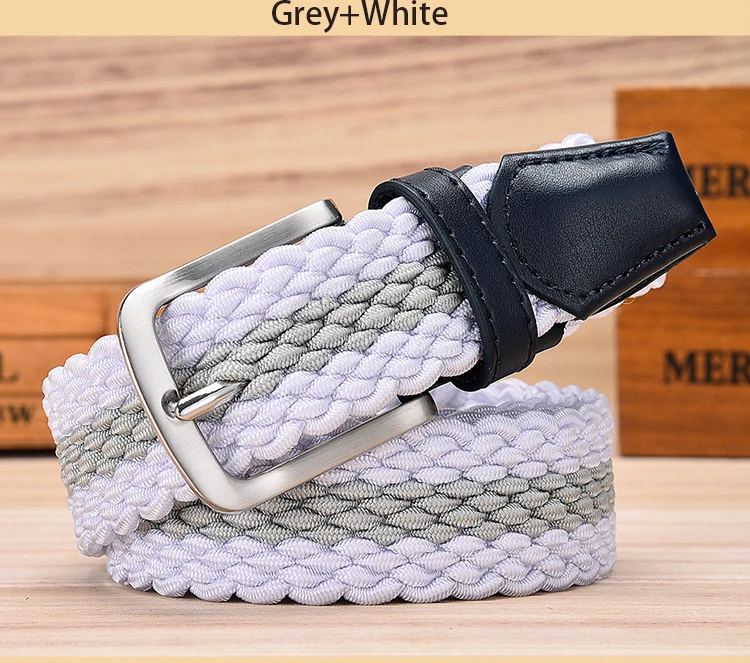 Fashion Casual Stretch Woven Belt With Leather Tip Top Elastic Belts For Men Jeans Mixed Color Braided Strap Zinc Alloy Buckle