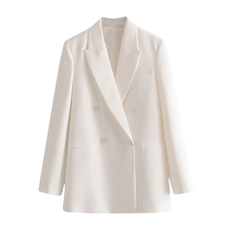 

Long Sleeve Women Double Breasted White Coat Notched Neck Casual Coat Outerwear Pocket Office Wear Jacket Female Deliver Fast