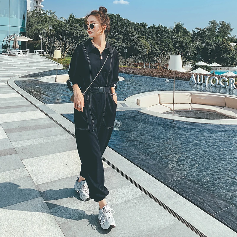 

Black Jumpsuit with Belted Women Long Sleeve Streetwear Hip Hop Gothic Harem One Piece Cargo Pants Loose Overalls Rompers 8813