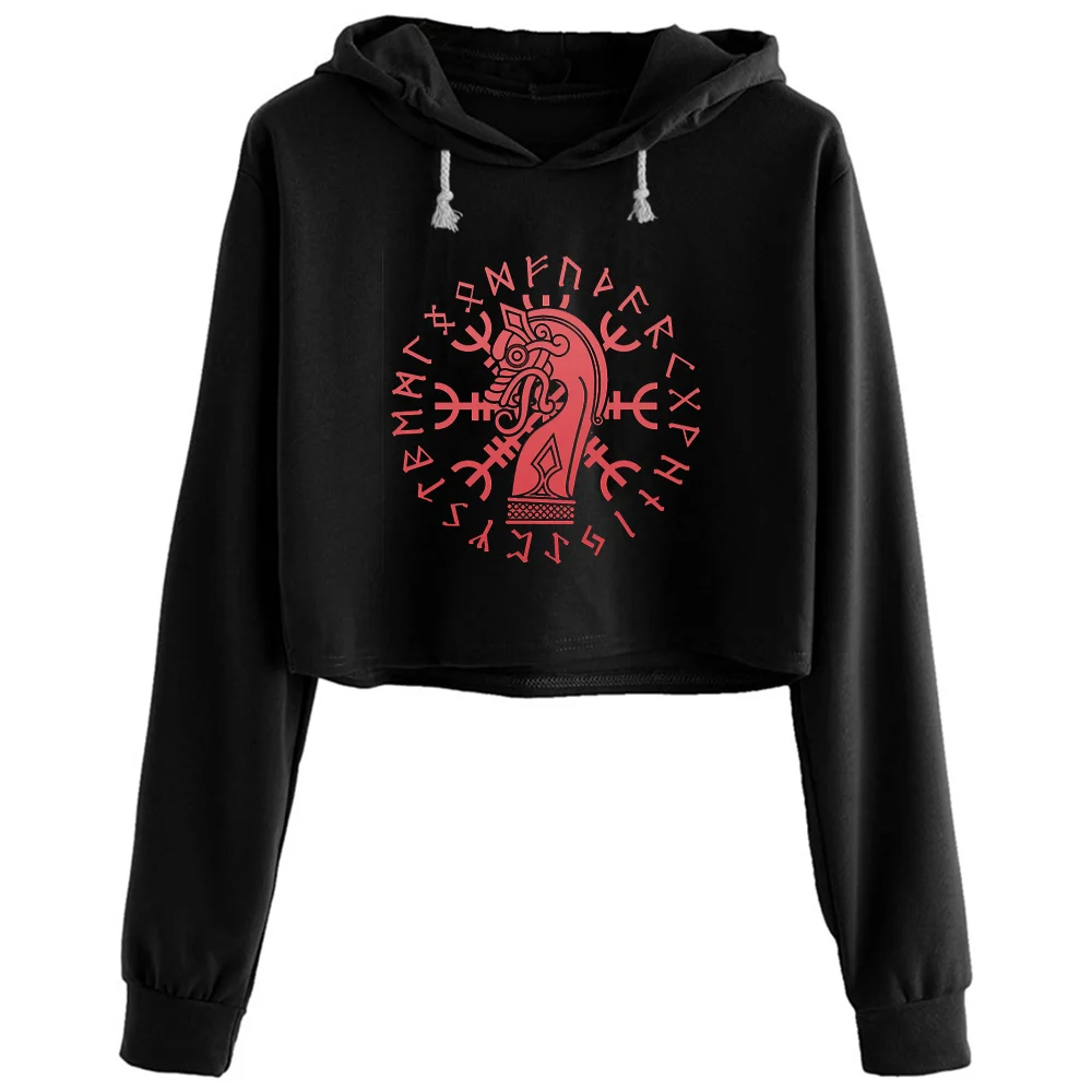 

Viking Dragon In Runecirlce Crop Hoodies Women Y2k Kawaii Goth Grunge Pullover For Girls