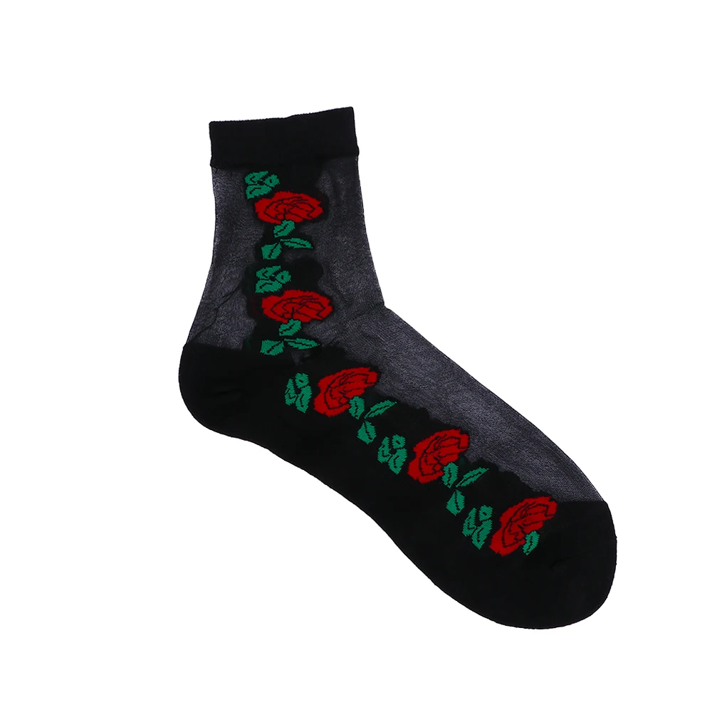 Модные женские сексуальные шелковые носки летние Красивые с вышивкой розы