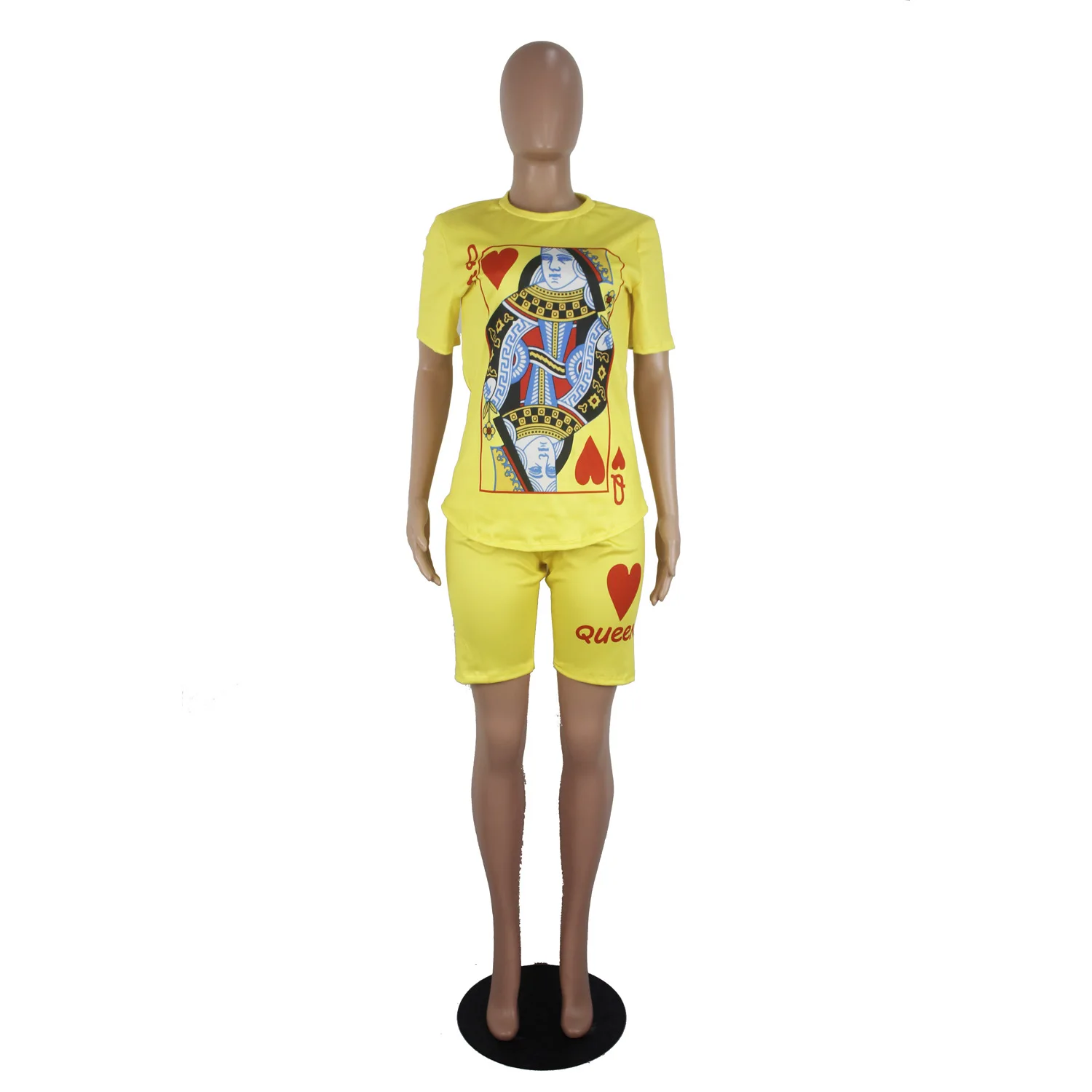 

Casual Solid Color Suit Poker Printed T-shirt Shorts Two-Piece Set European and American Women's Clothing