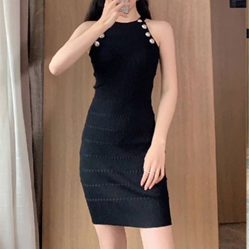 

Spaghetti Strap Halter Women's Dress Summer 2021 New Fashion Temperament Sexy mini Knit Skirt Solid Color Basic bodycon dress