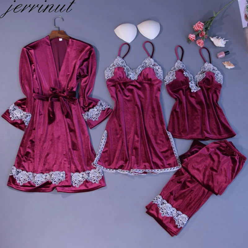 Jerrinut/4 шт. Женские пижамы Комплект одежды для сна Пижама с золотым бархатом Теплая
