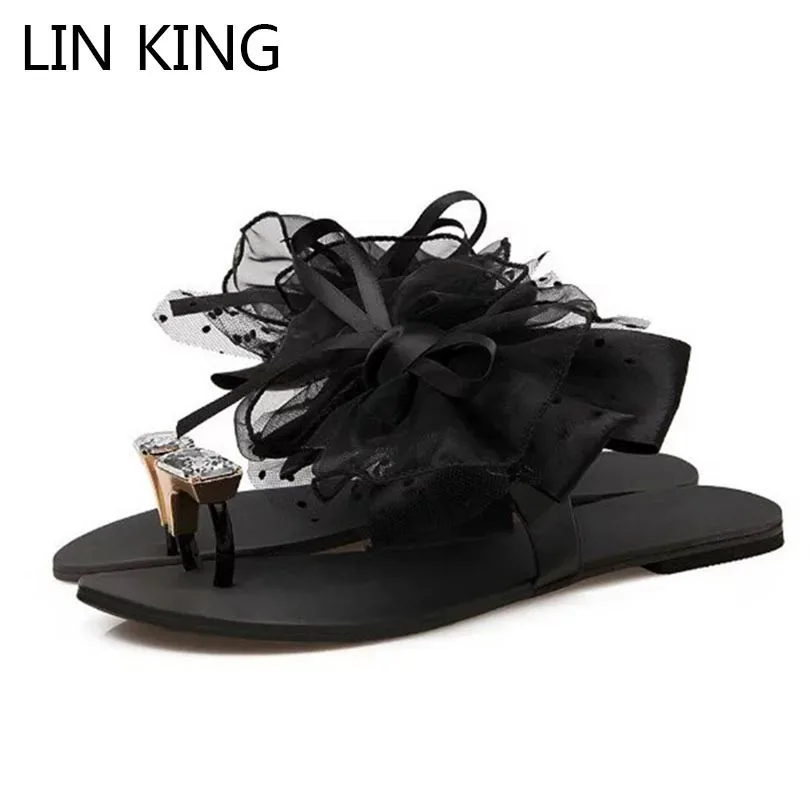 LIN KING/модные женские летние шлепанцы на плоской подошве с украшением в виде