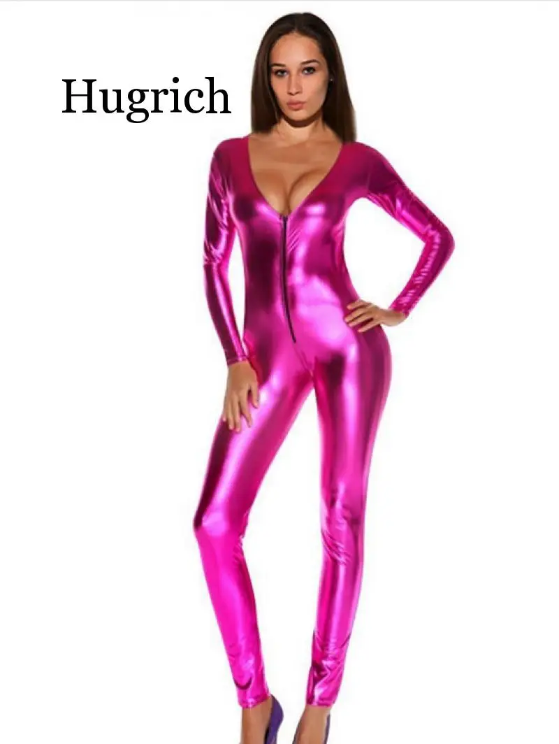 

2020 Black Faux Leather Jumpsuit Women With Zipper Long Sleeve Gold/Sliver Shiny PVC Jumpsuit Woman Plus Size Sexy Club Wear