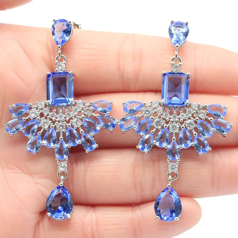 Роскошные большие свадебные серебряные серьги для невесты 58x34 мм из танзанита и