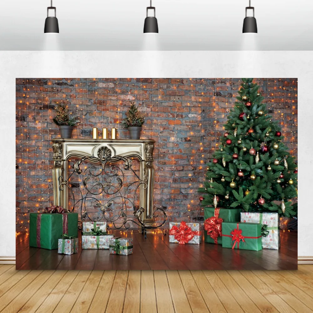 

Laeacco Christmas Tree Brick Wall Photography Backdrop Gifts Fireplace Family Child Portrait Photocall Background Photo Studio