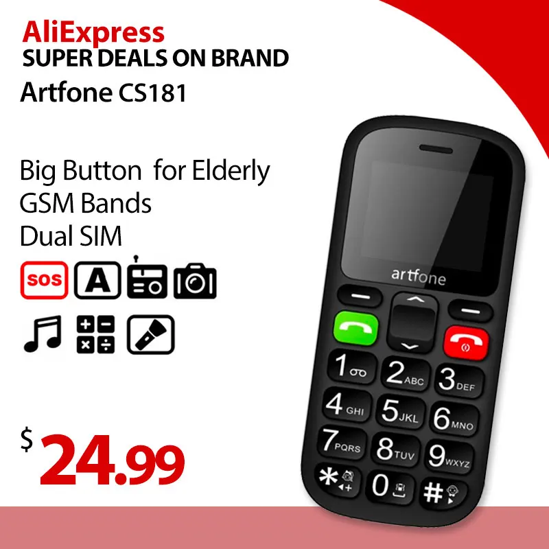 

Big Button Mobile Phone for Elderly,Artfone CS181 Upgraded GSM Mobile Phone With SOS Button, Talking Number and Torch
