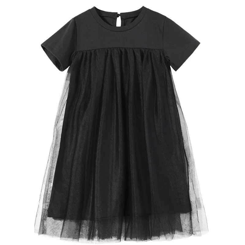Black Mesh Patchwork Dresses For Girls Summer 2022 Short Sleeve Dress Clothing Teenage Girl Knee Length Cute Clothes | Детская одежда и