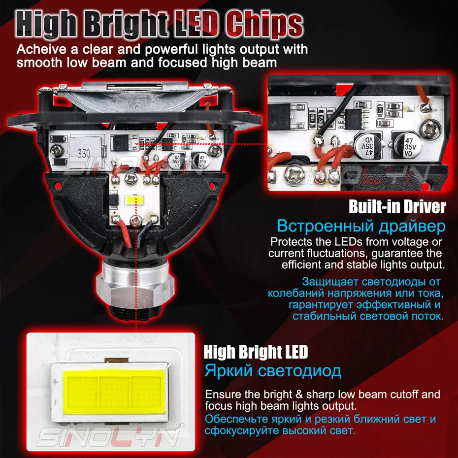 Дешево Sinolyn ангельские глазки Bi светодиодные линзы гало фары проекторы для H4 H7 H1 9005 9006 Автомобильные фары дальний и ближний свет 2,5 дюймов светодиод...