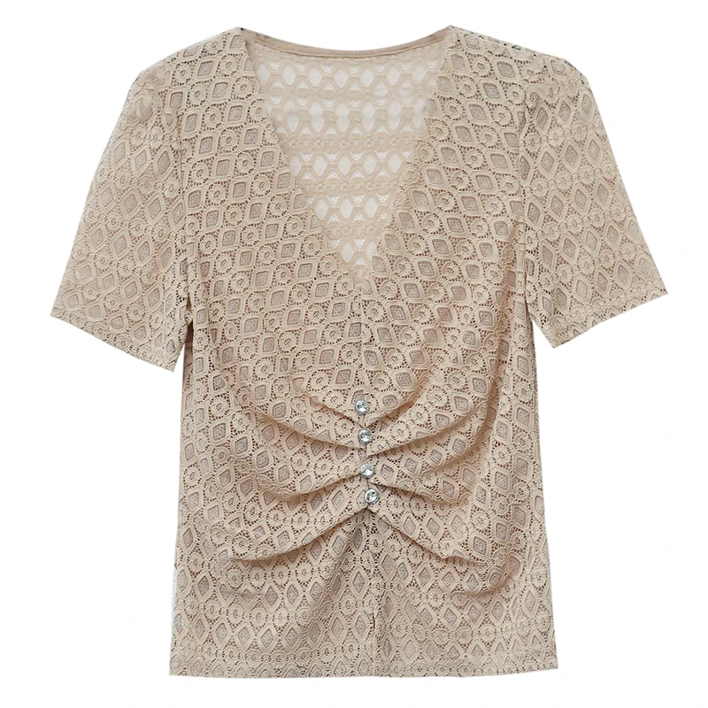 

Korean Fashion Clothing Plus Size Solid Shirt Female Tshirt 2020 Summer New Womens Ruched Lace Tops Tee Blusas T05607B