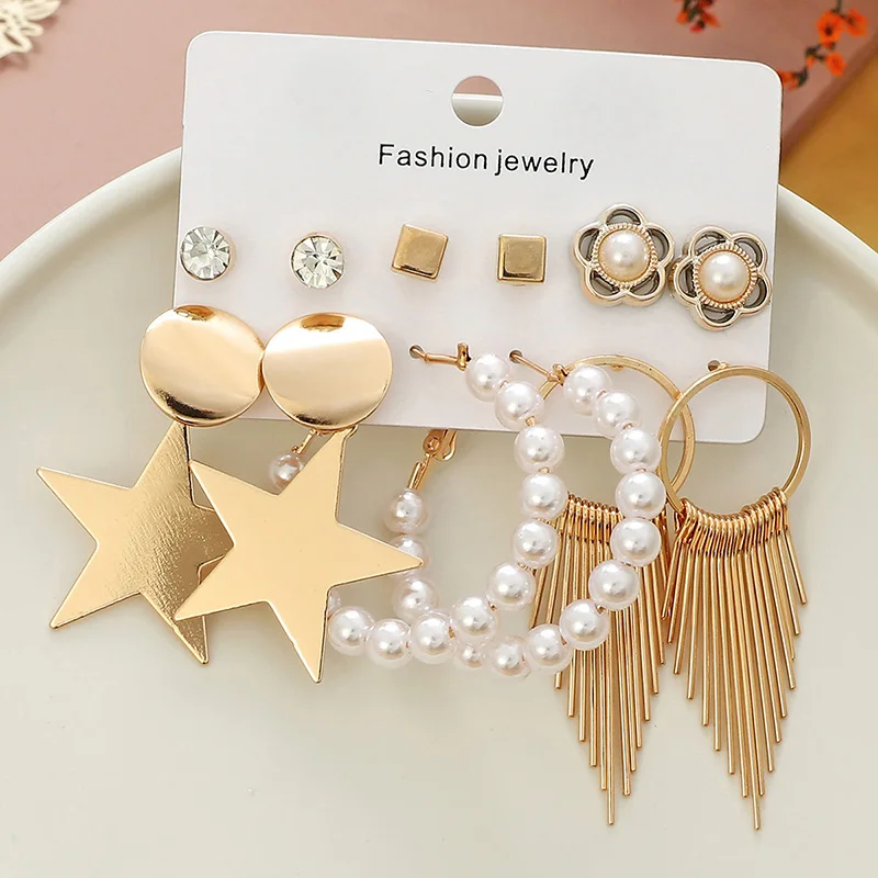 

Korean Pearl Star Hoop Earrings Set for Women Vintage Punk Tassel Gold Metal Earings Geometric Circle Drop Earrings 2021 Jewelry