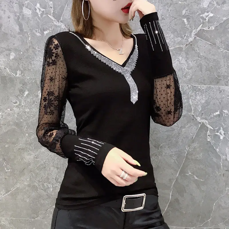

2021 Women Spring New Vintage Blouse Female Diamond Patchwork V-neck Mesh Long Sleeve Top Lady Casual Solid Shirt N18