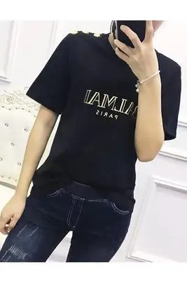 

2021 Summer New Fashion Brand Gold Buckle T-shirt, Printed Gold Letters Black and White, Cotton Shoulder Badge Bottoming Shirt