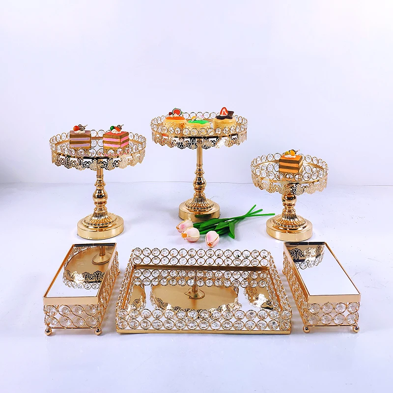 6pcs Crystal Metal Cake Stand Set Acrylic Mirror Cupcake Decorations Dessert Pedestal Wedding Party Display Tray |