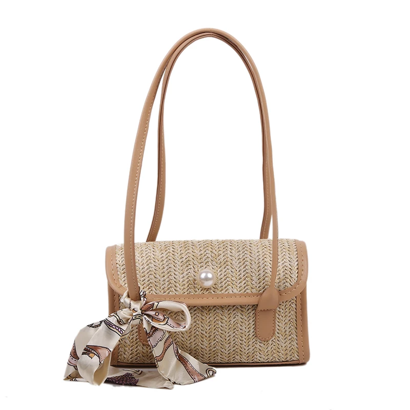 

2021 New Summer Silk Scarf Decoration Straw Bag Ladies Woven Flap Bag Bohemia Purses and Handbag Popular Fashion Women Satchels