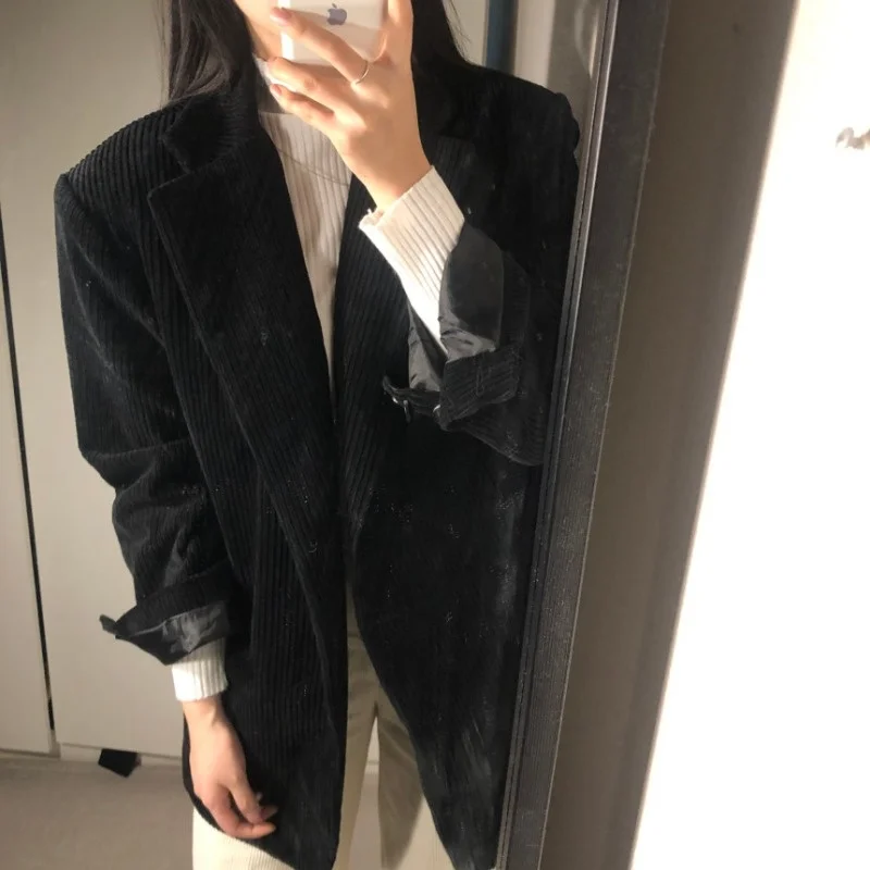 

Korean chic autumn and winter Lapel casual corduroy with cotton thickened long sleeve suit coat women fafa_ootd