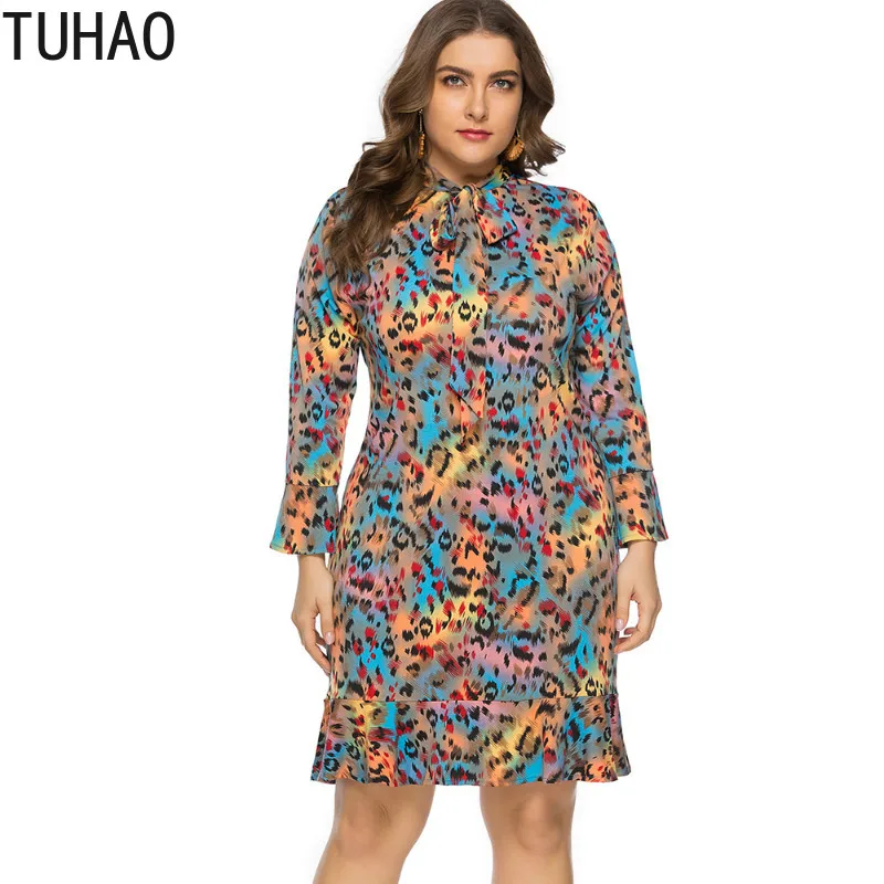 Женское платье с бантом TUHAO леопардовое оборками в богемном пляжном стиле