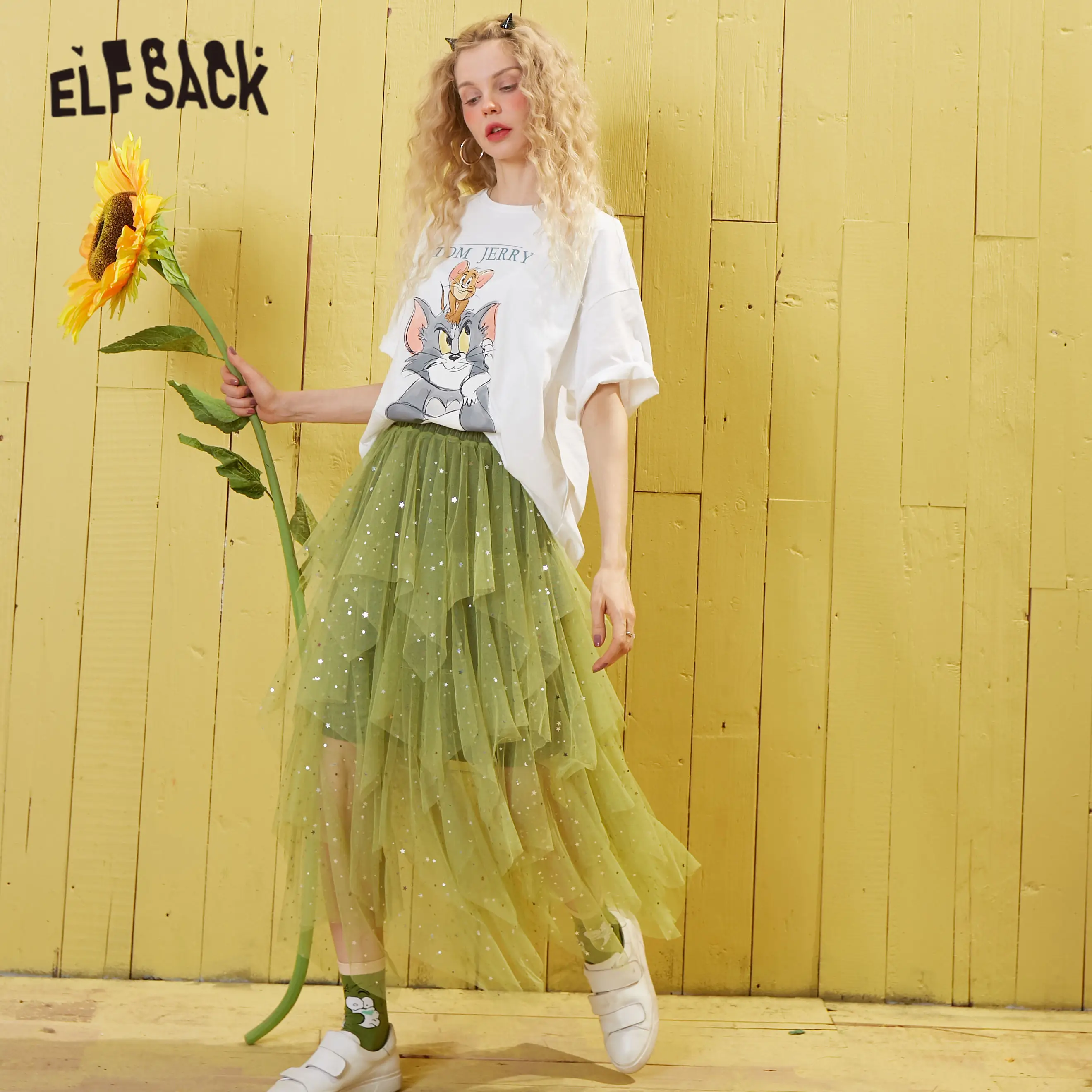 Женская многослойная юбка с блестками ELFSACK зеленая однотонная Повседневная