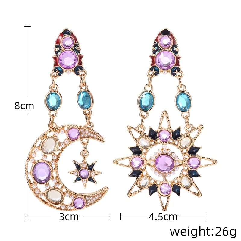 

2019 New Sun Moon Crystal Long Drop Earrings For Women Colorful Asymmetry Rhinestone Dangle Earring Wedding Jewelry Female