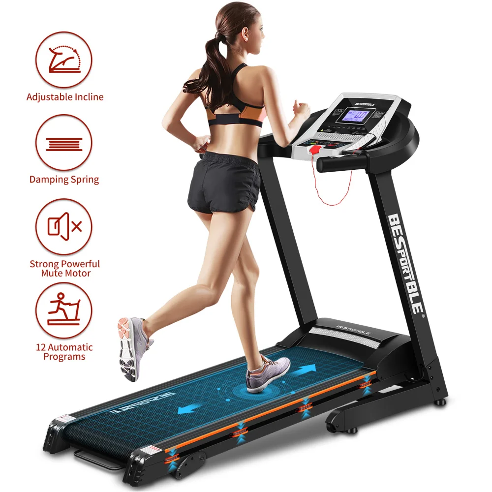 

BESPORTBLE Folding Treadmill 3.25HP Electric Treadmill Built-in 12 Programs 0.8-14.8km/h Motorized Treadmill Slow Descent