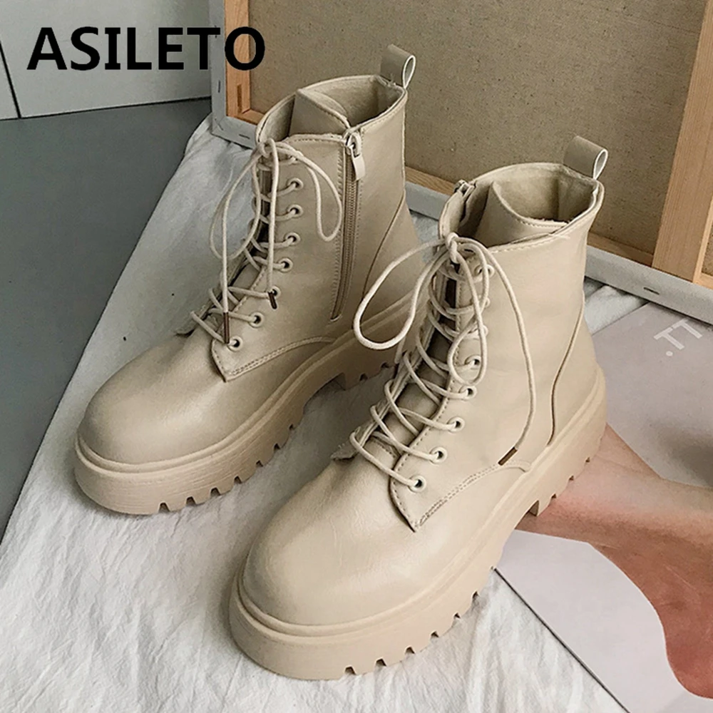 

Осенние ботильоны ASILETO из искусственной кожи для женщин, ботинки челси на платформе со шнуровкой, весенние ботинки, женские черные ботинки н...