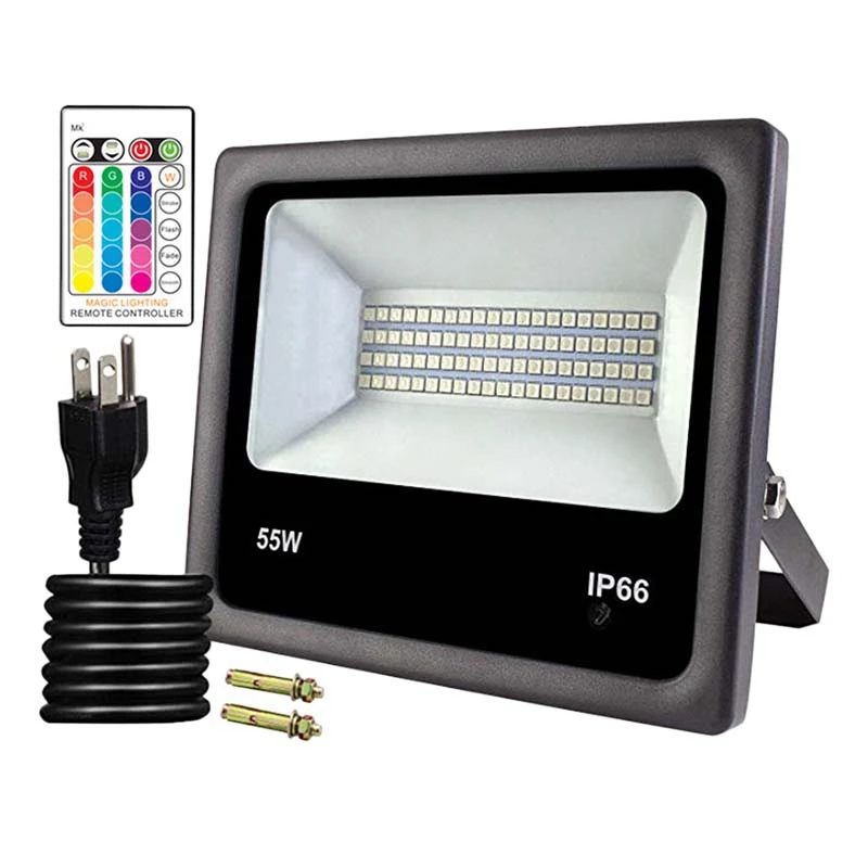 

RGB Flood Lights 55W LED Remote Control Spotlights IP66 Waterproof 16 Colors & 4 Modes For Garden Stage Park(US Plug)
