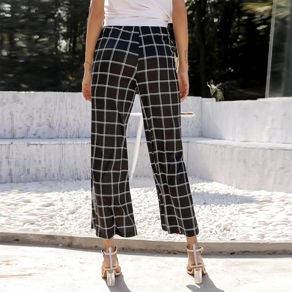 

Summer new women's pants lace-up color-contrast check split high waist casual pants elastic