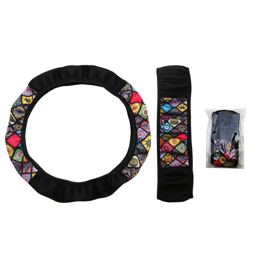 

38cm Elastic Car Steering Wheel Cover Ethnic Style Print Anti-slip Car Styling Car Steering-wheel Cover Car Interior Accessories